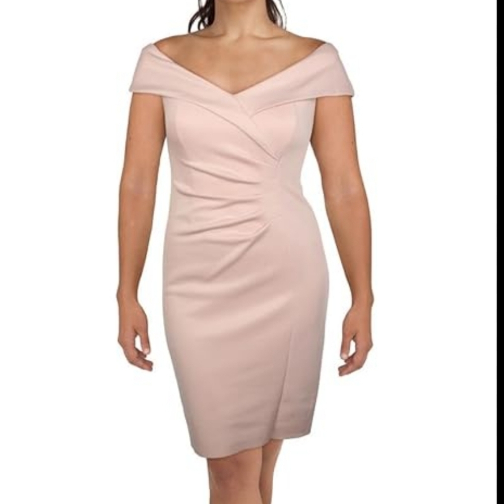X by Xscape off the shoulder Asymmetric pleated ruched light pink gown dress 14